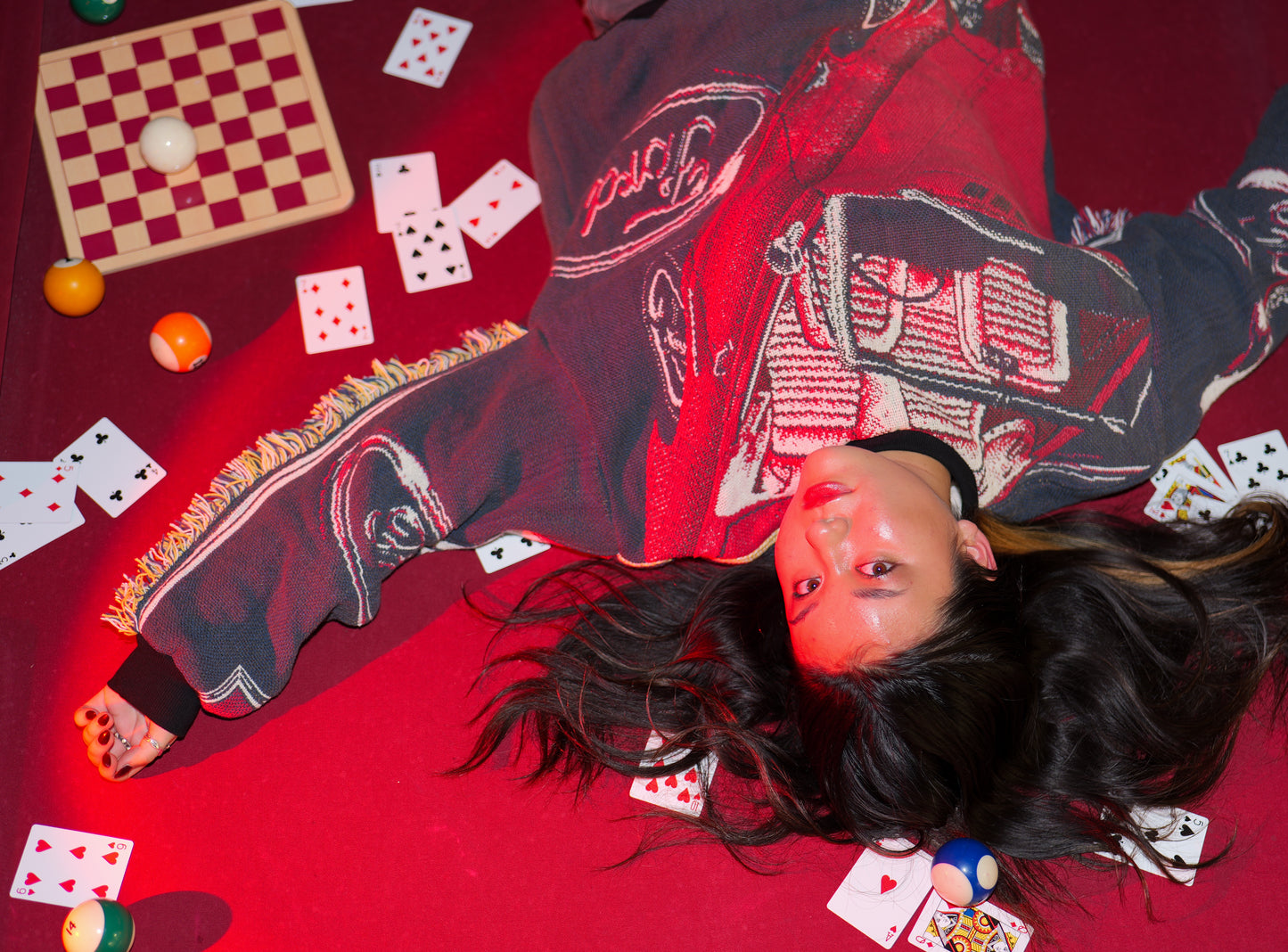 woman in upcycled tapestry sweatshirt